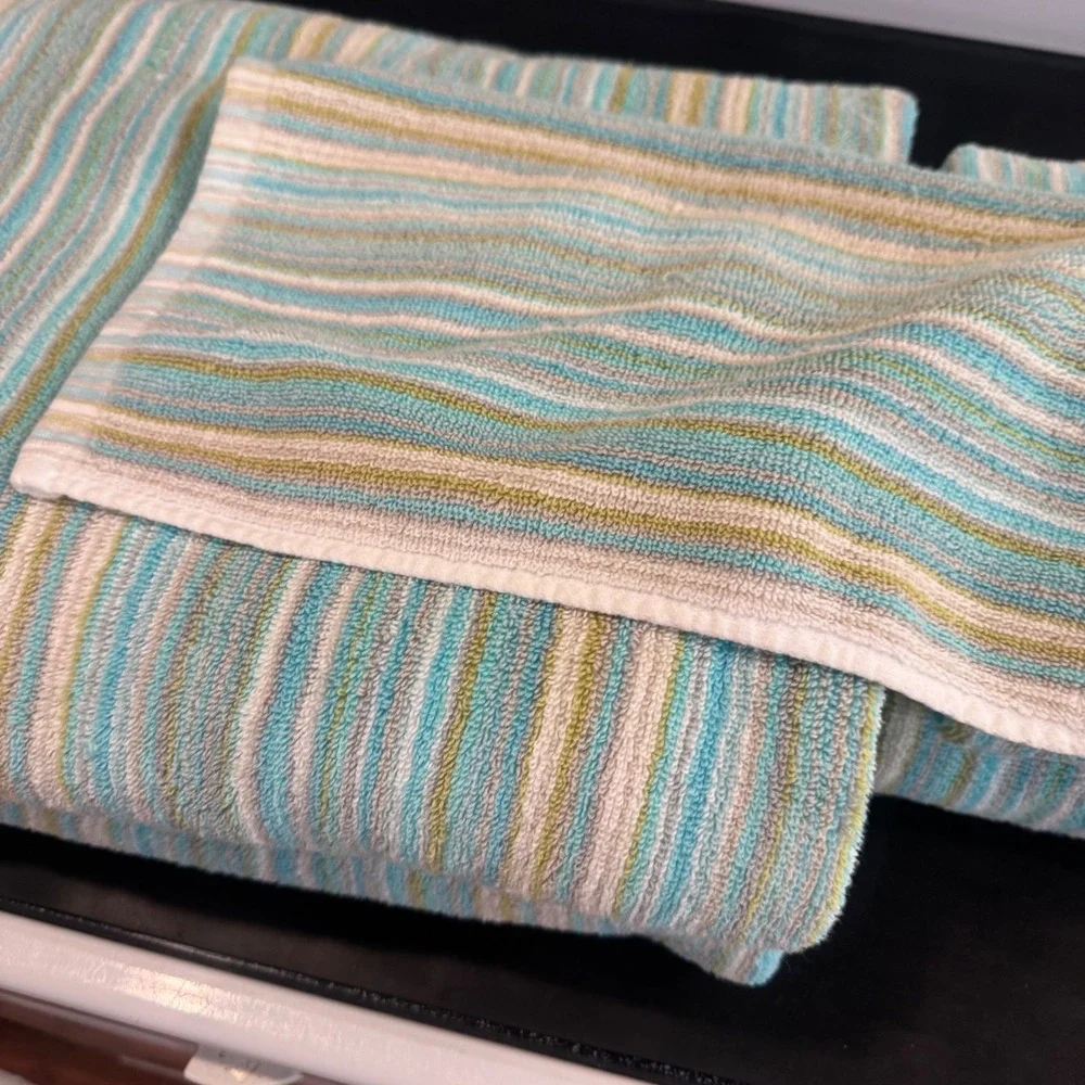 Soho Living Bath Towel Set 9 Piece Blue Green Striped 100% Cotton Coastal